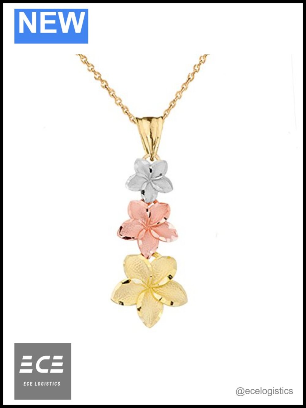 14k Tri-Color Gold Hawaiian Plumeria Flower Charm Pendant Necklace
